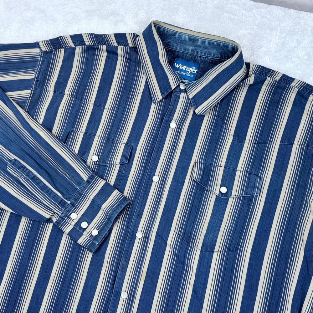 Vintage Wrangler Pearl Snap Brushpopper Shirt Mens 2XL Blue Tan Striped‎ Western